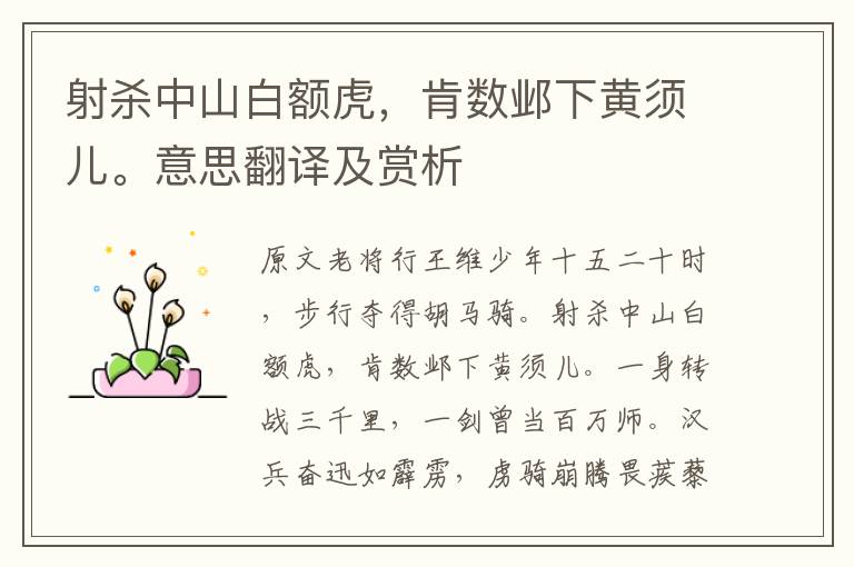射殺中山白額虎，肯數鄴下黃須兒。意思翻譯及賞析