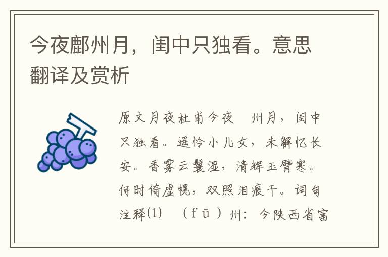今夜鄜州月，閨中只獨看。意思翻譯及賞析