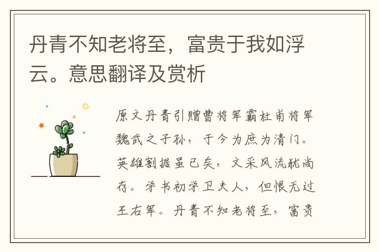 丹青不知老將至，富貴于我如浮云。意思翻譯及賞析