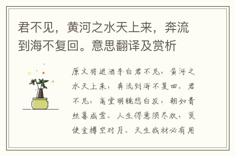君不見(jiàn)，黃河之水天上來(lái)，奔流到海不復(fù)回。意思翻譯及賞析